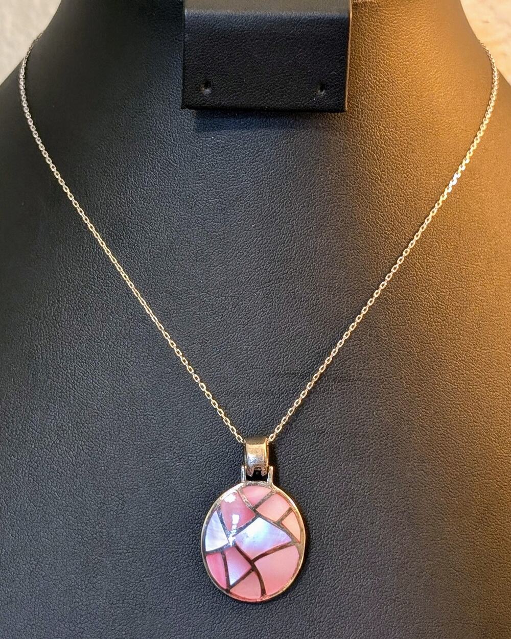Pink Inlay Mother of Pearl Sterling Silver Necklace Signed M